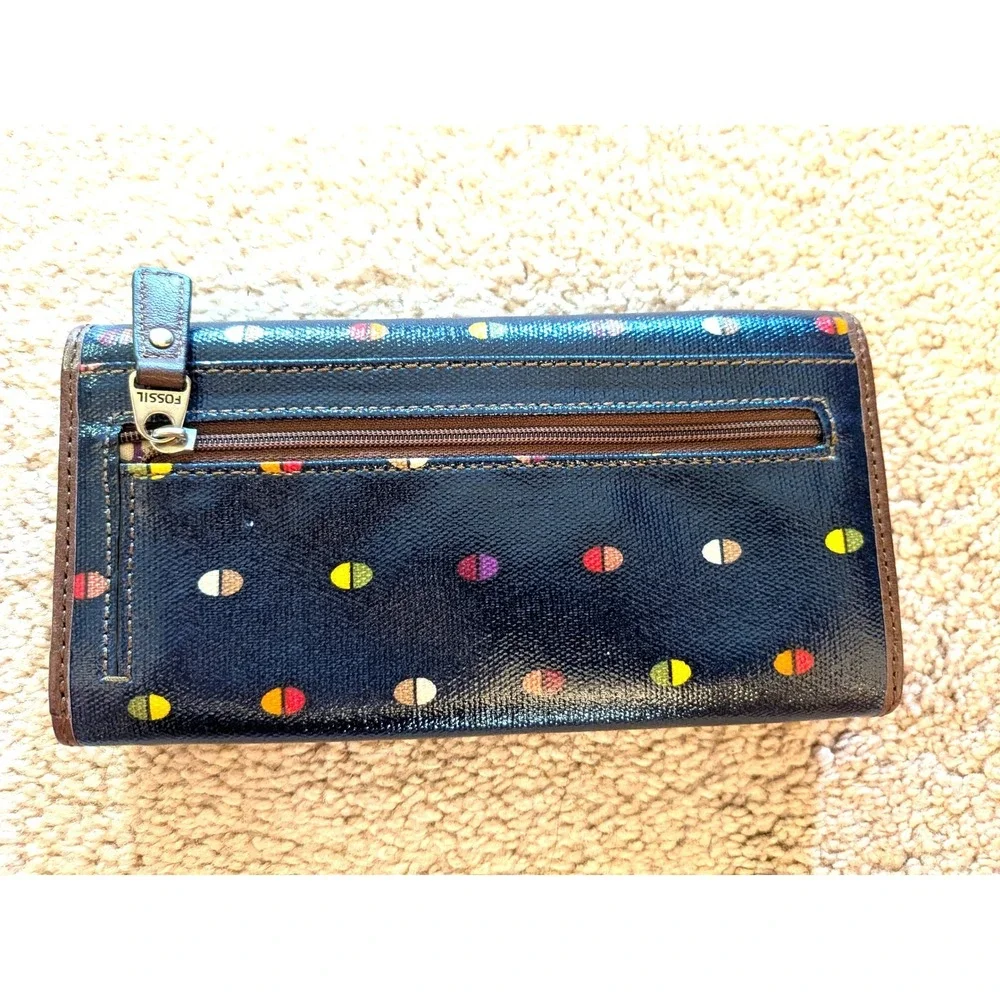 Fossil Key-Per Navy Blue Polka Dot Coated Canvas Clutch Wallet